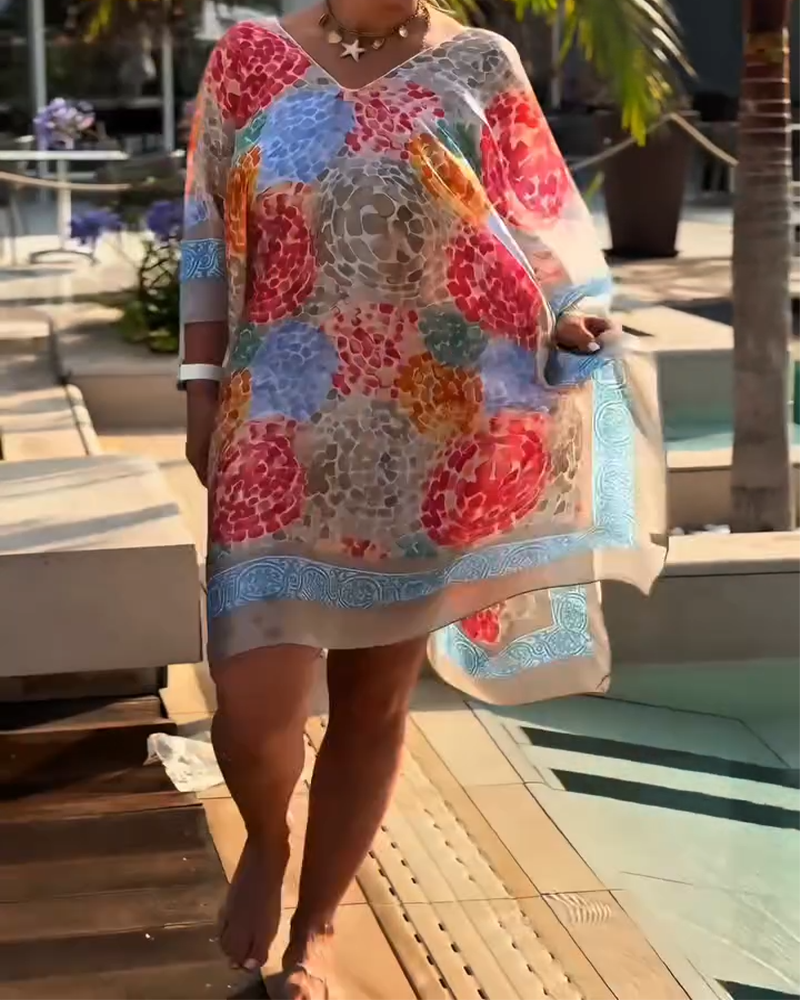 Robe Plage Femme Imprimée Manches Chauve-souris Fluides