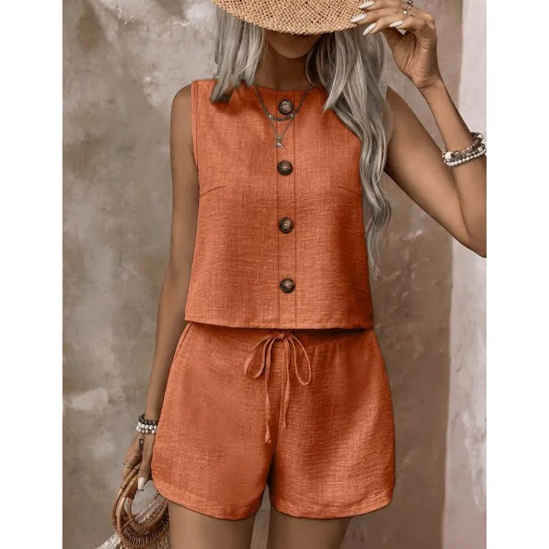 Ensemble Femme Sans Manches Boutonné et Short Ajustable