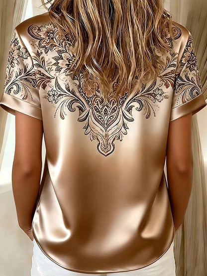 Blouse Femme Satinée Imprimé Floral Col Chemise Élégant