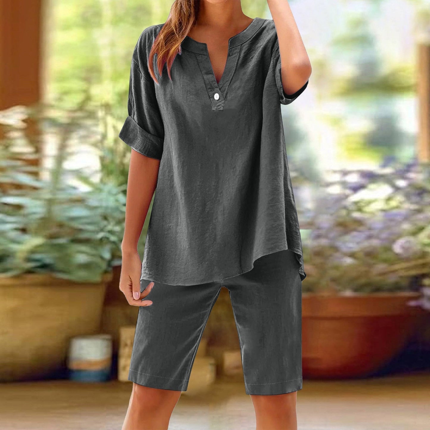 Ensemble Femme Lin Respirant Haut Col en V et Short Assorti