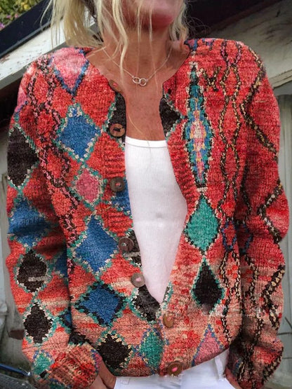 Cardigan stylé pour femme en tricot avec imprimé fleuri | Fermeture à boutons