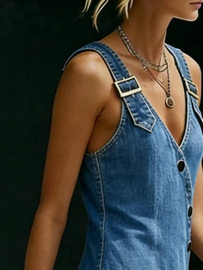 Robe longue Femme en Denim Boutons Asymétriques Bretelles Boucle