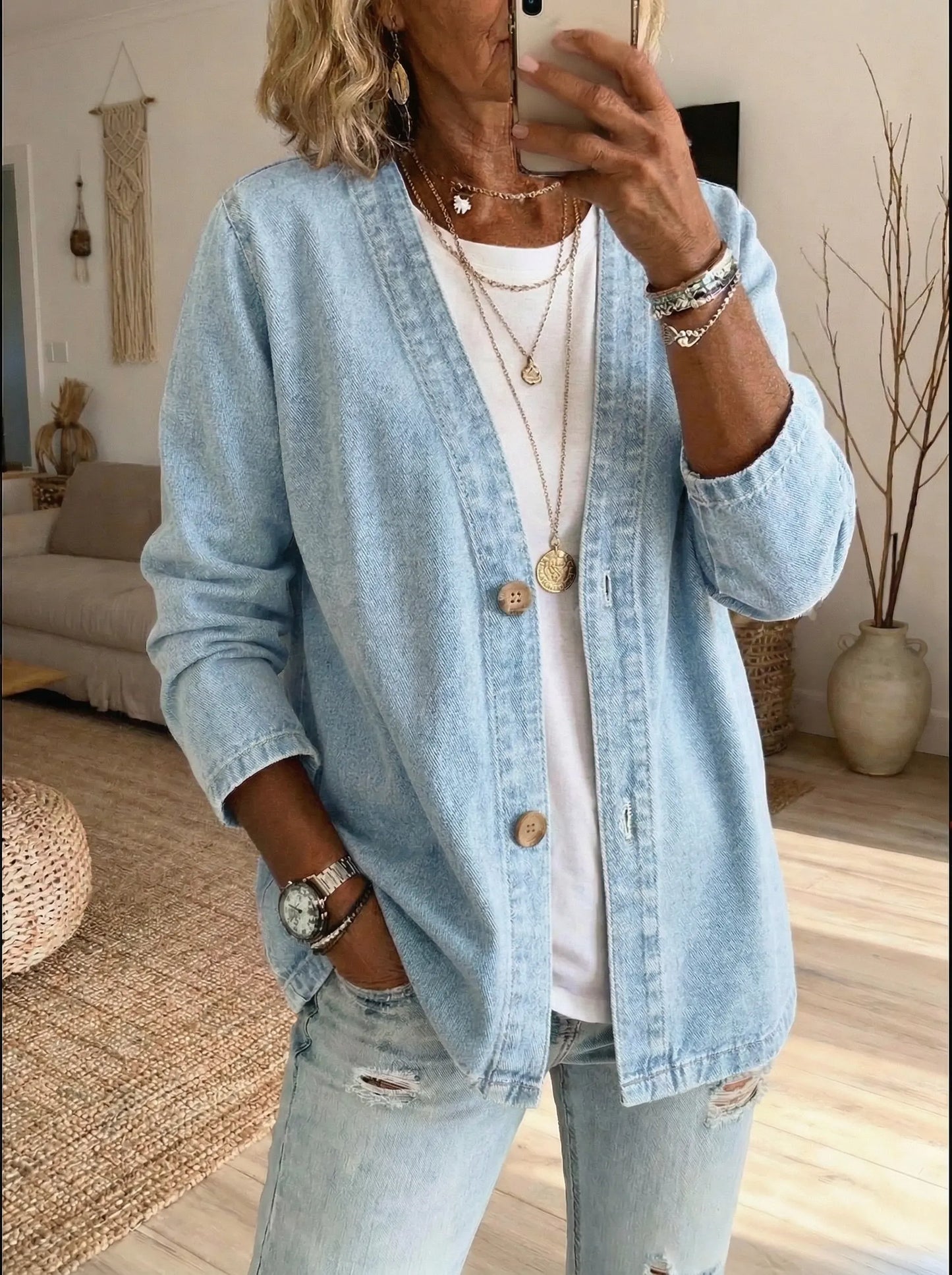 Cardigan Femme Denim Boutonné Coupe Décontractée