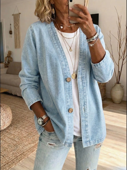 Cardigan Femme Denim Boutonné Coupe Décontractée