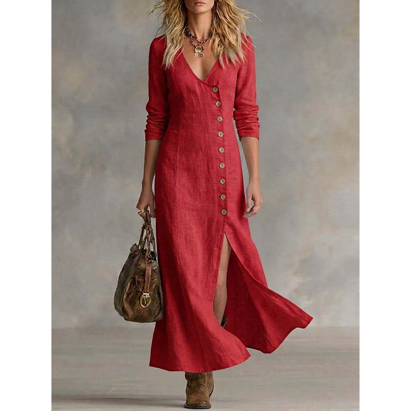 Robe Chemise Femme Vintage Manches Longues Coupe Midi