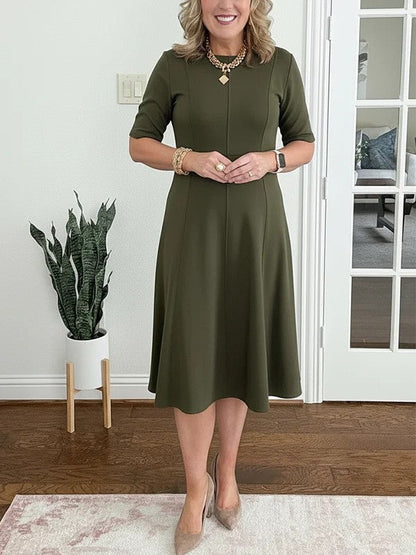 Robe Midi Femme Coupe Évasée Col Rond Manches Courtes