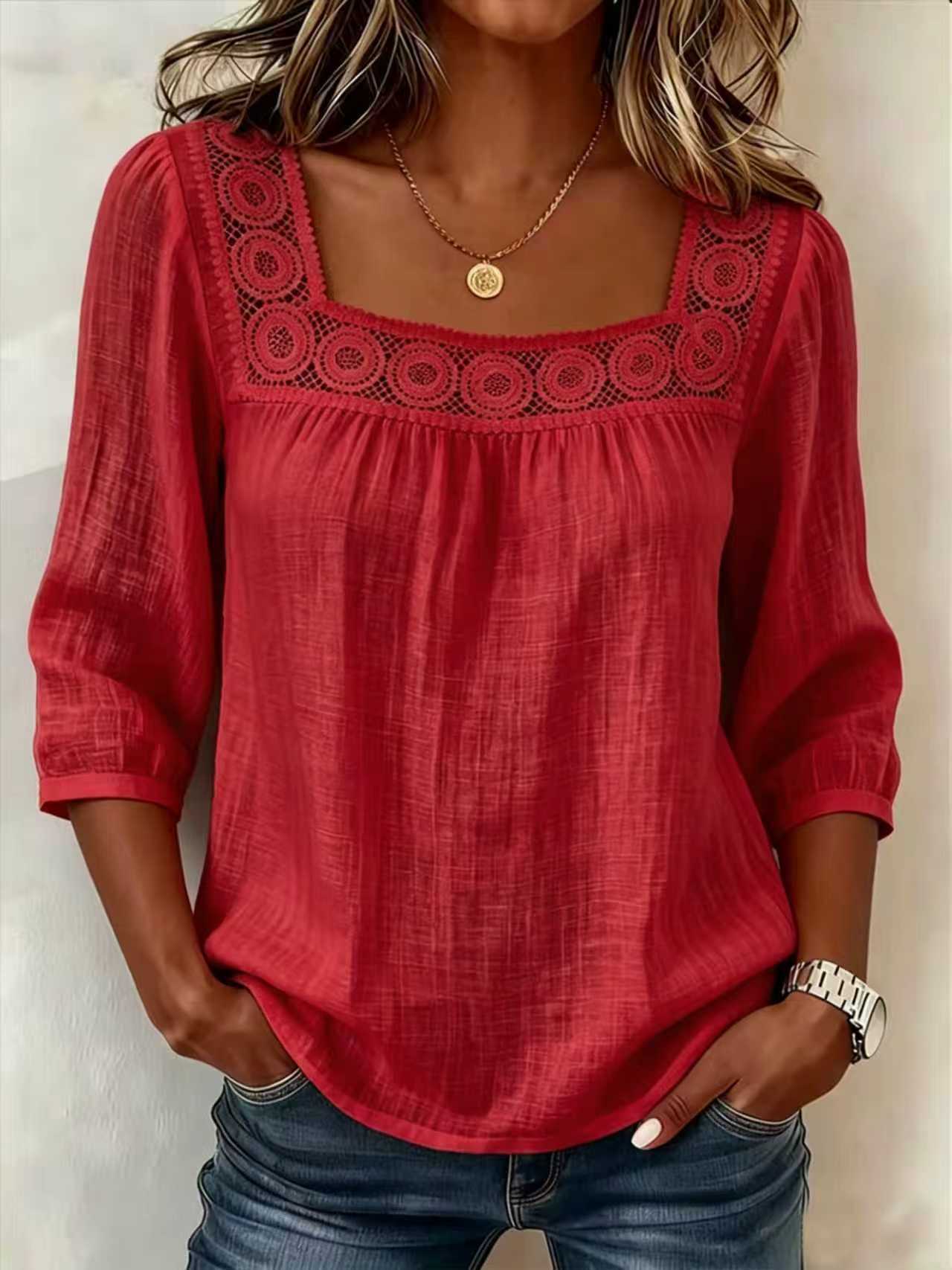 Blouse Femme Coton Lin Décolleté Carré Dentelle Raffinée