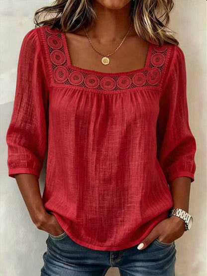 Blouse Femme Coton Lin Décolleté Carré Dentelle Raffinée