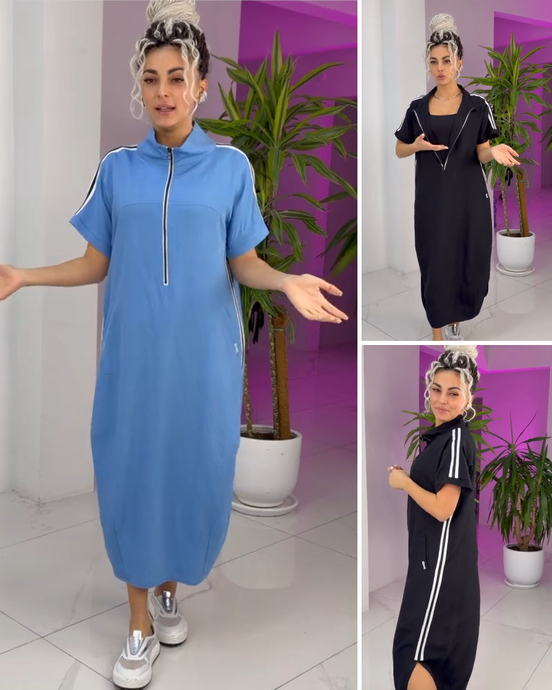 Robe Longue Femme Zippée Col Montant Coupe Fluide Sport Chic