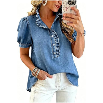 Haut Femme Denim Col Volanté Manches Bouffantes