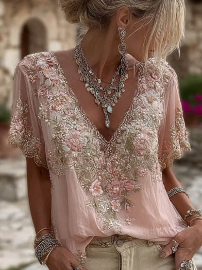 Blouse Femme Broderie Florale Décolleté en V Élégant - PanierRoyale