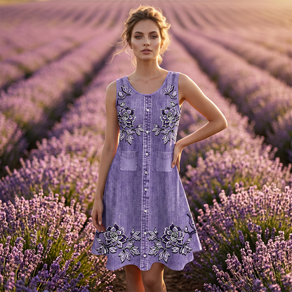 Robe Femme Sans Manches Boutons Devant Coupe Droite