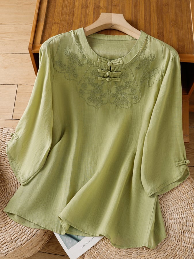 Femme Coton Lin Broderie Florale Col Rond Décontracté