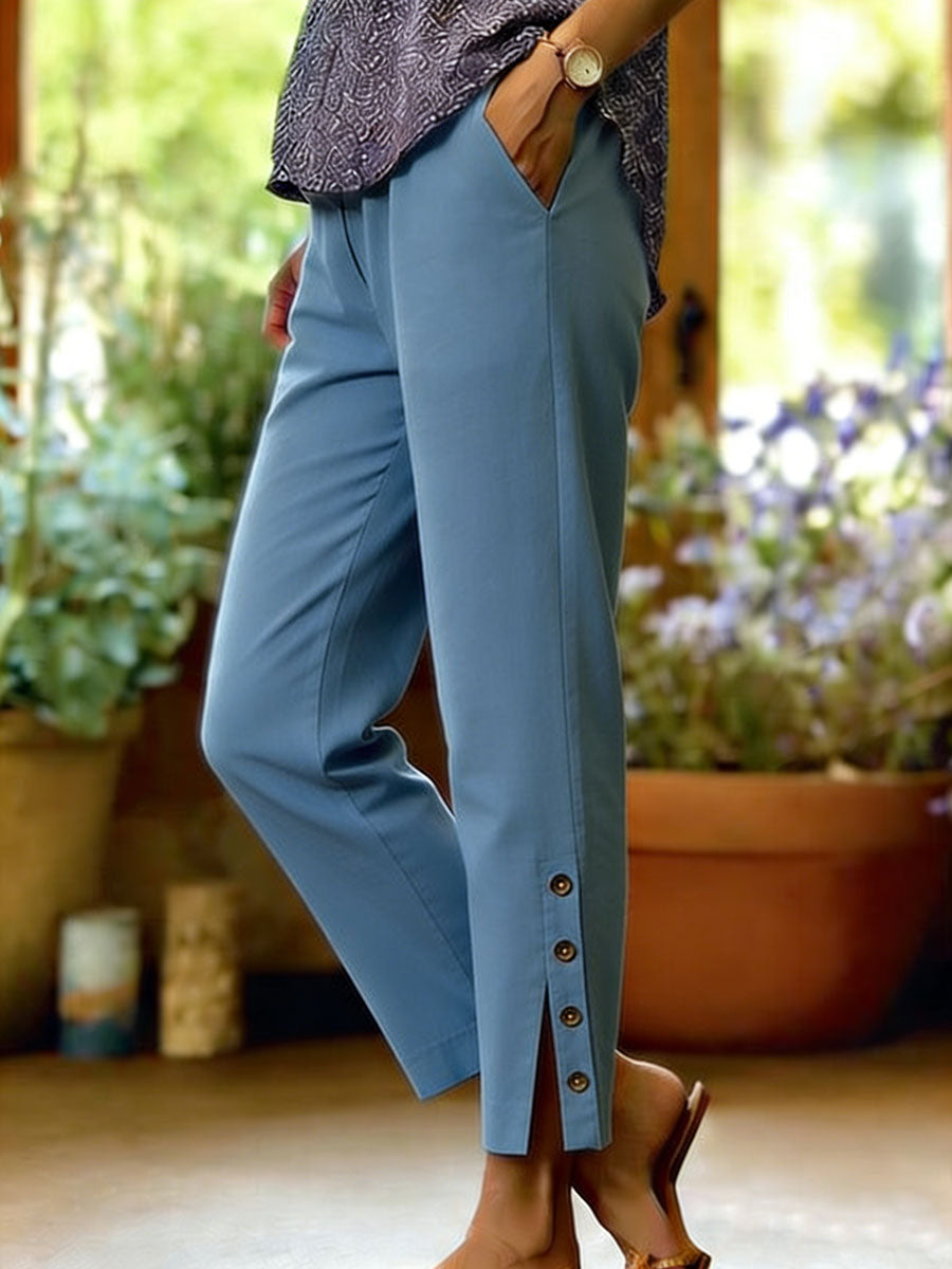 Pantalon Femme Coton Lin Coupe Décontractée Fente Boutonnée