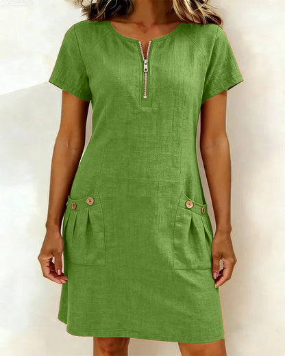Robe Courte Femme Poches Col Zippé Moderne