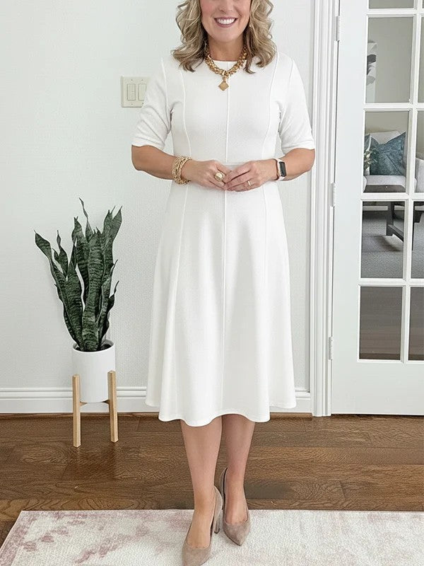 Robe Midi Femme Coupe Évasée Col Rond Manches Courtes