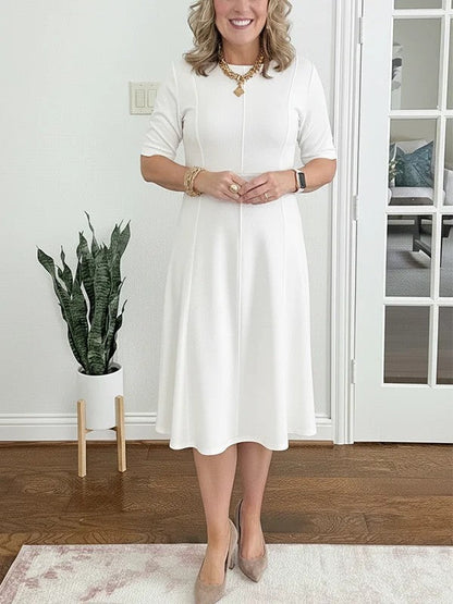 Robe Midi Femme Coupe Évasée Col Rond Manches Courtes