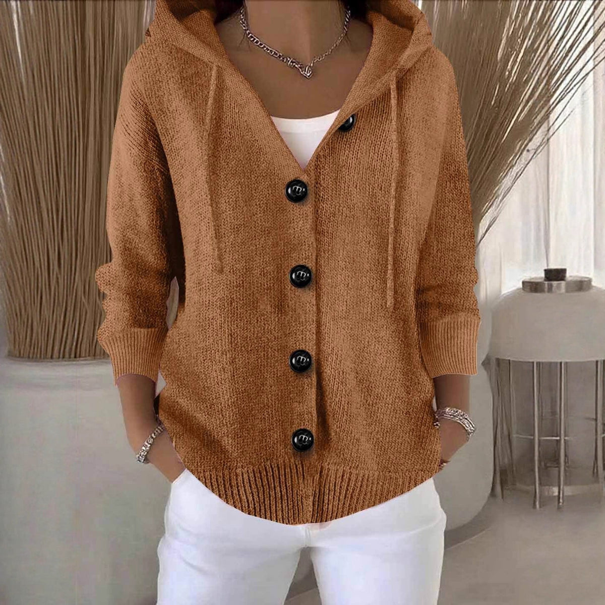 Cardigan Tricot Doux Coupe Ample avec Capuche
