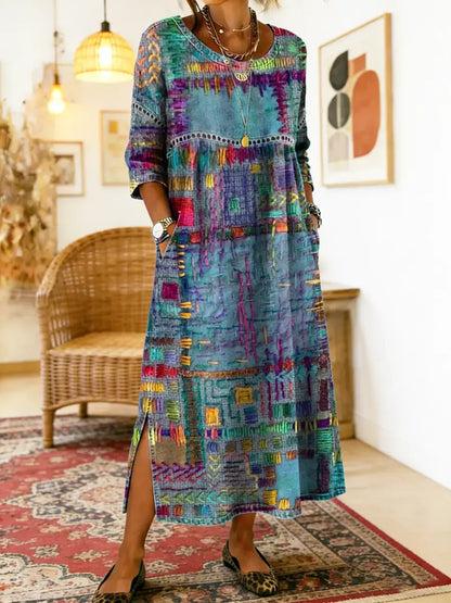 Robe Femme Denim Patchwork Ethnique Coupe Fluide