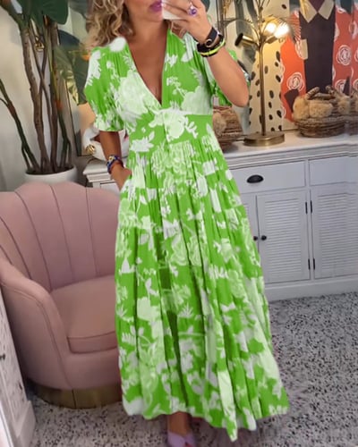 Robe Longue Femme Fluide Imprimée Col V Manches Courtes
