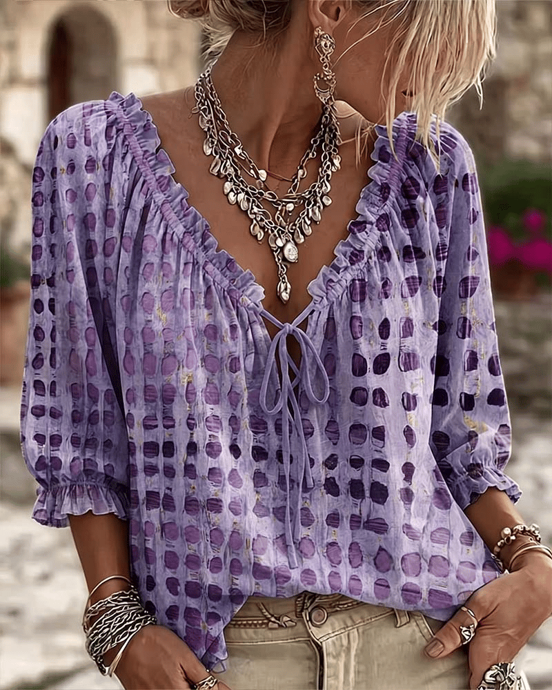 Blouse Femme Coton Col V Noué Style Bohème