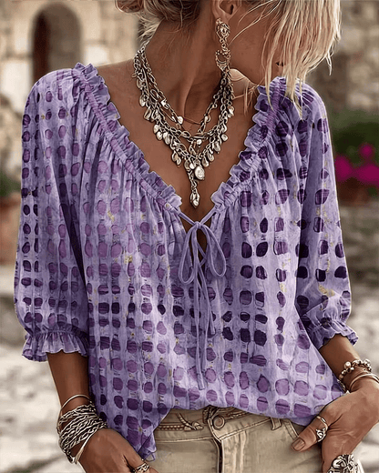 Blouse Femme Coton Col V Noué Style Bohème
