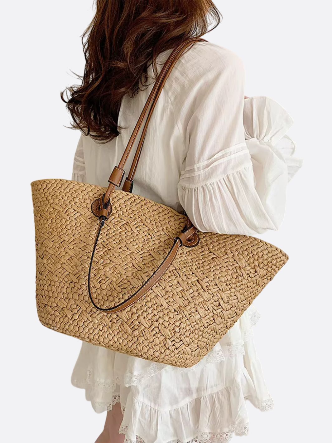 Sac à Main Paille Tressée avec Bretelles Cuir et Décor Corbeille