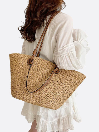 Sac à Main Paille Tressée avec Bretelles Cuir et Décor Corbeille