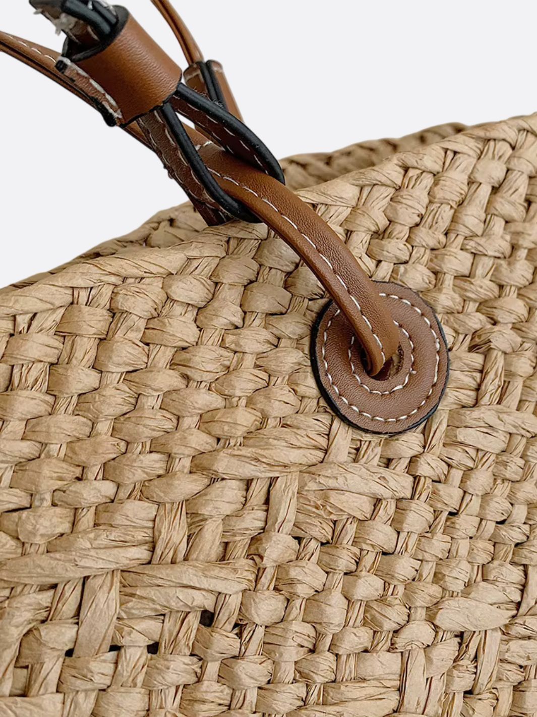 Sac à Main Paille Tressée avec Bretelles Cuir et Décor Corbeille