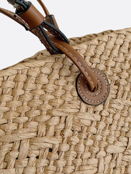 Sac à Main Paille Tressée avec Bretelles Cuir et Décor Corbeille