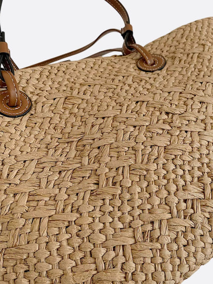 Sac à Main Paille Tressée avec Bretelles Cuir et Décor Corbeille