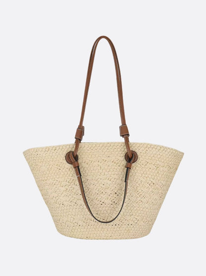 Sac à Main Paille Tressée avec Bretelles Cuir et Décor Corbeille