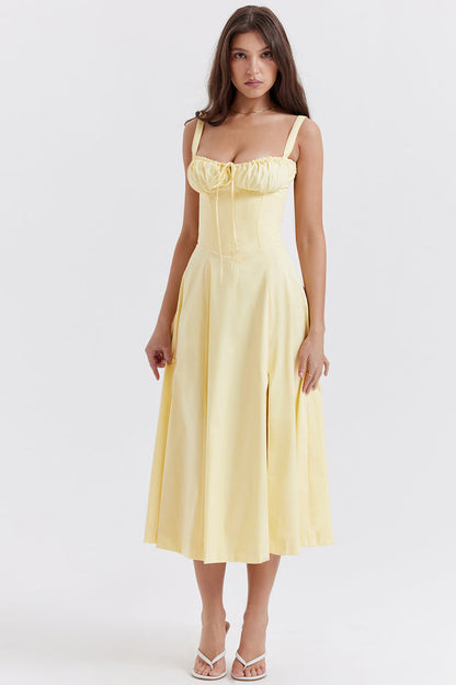 Robe Mi-Longue Citron Fraîche Taille Cintrée