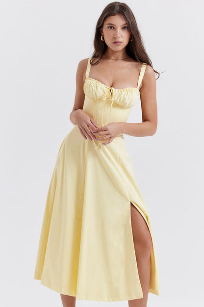 Robe Mi-Longue Citron Fraîche Taille Cintrée