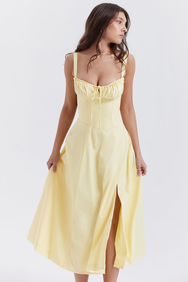 Robe Mi-Longue Citron Fraîche Taille Cintrée