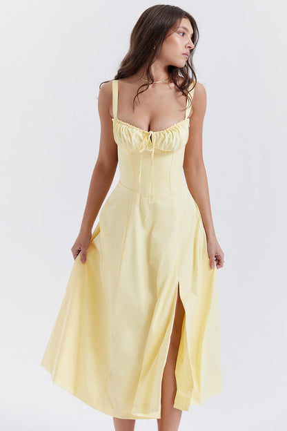 Robe Mi-Longue Citron Fraîche Taille Cintrée