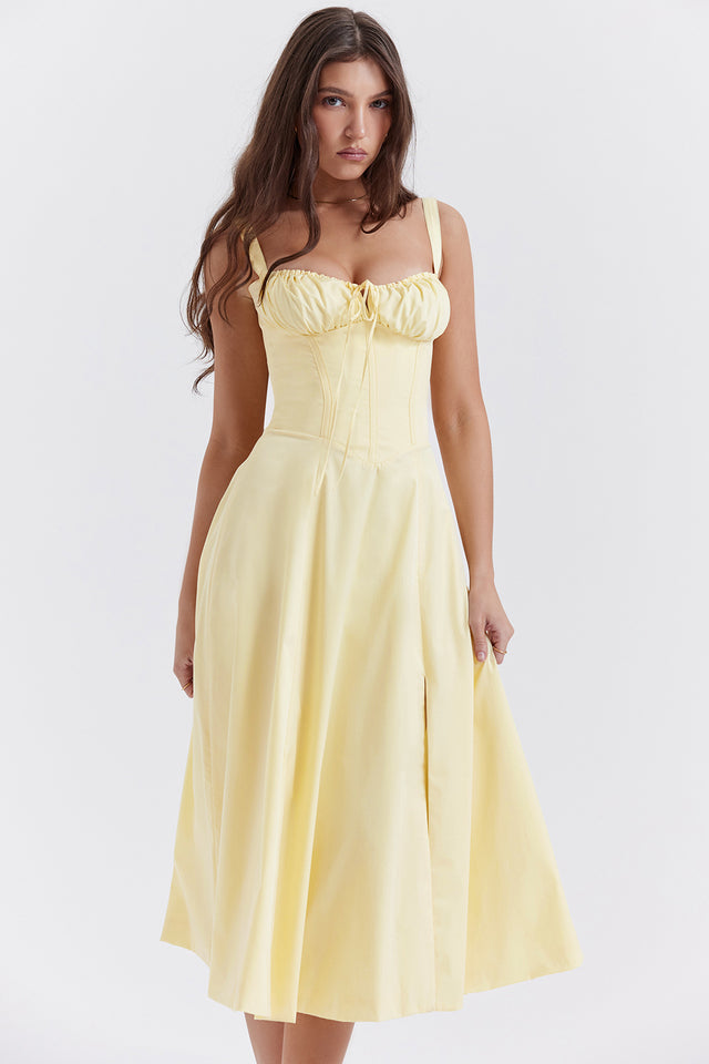 Robe Mi-Longue Citron Fraîche Taille Cintrée