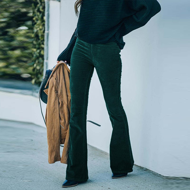 Pantalon Femme Évasé Confort Taille Haute en Velours