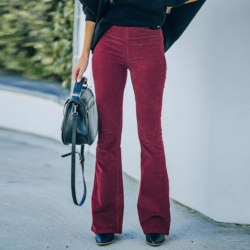 Pantalon Femme Évasé Confort Taille Haute en Velours