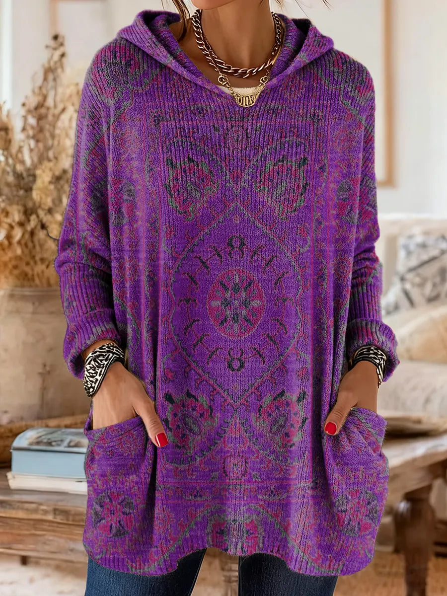 Tunique Femme Tricot Capuche Style Rétro Coupe Ample Poches