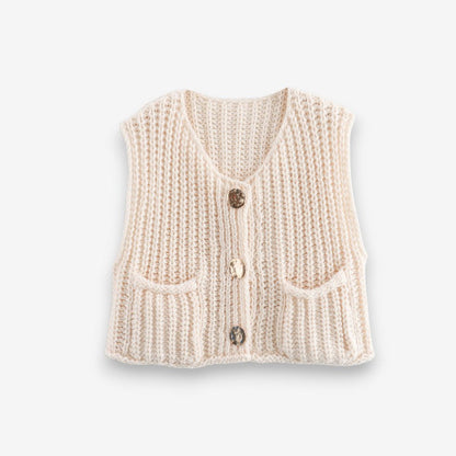 Gilet Femme Élégant Col V Boutons Dorés