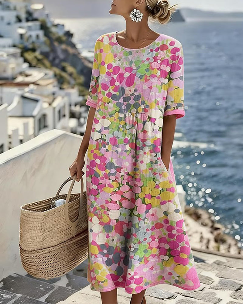 Robe Midi Femme Coton Lin Poches Manches Courtes - PanierRoyale