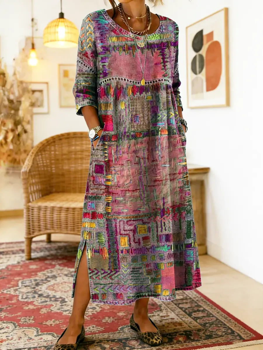 Robe Femme Denim Patchwork Ethnique Coupe Fluide