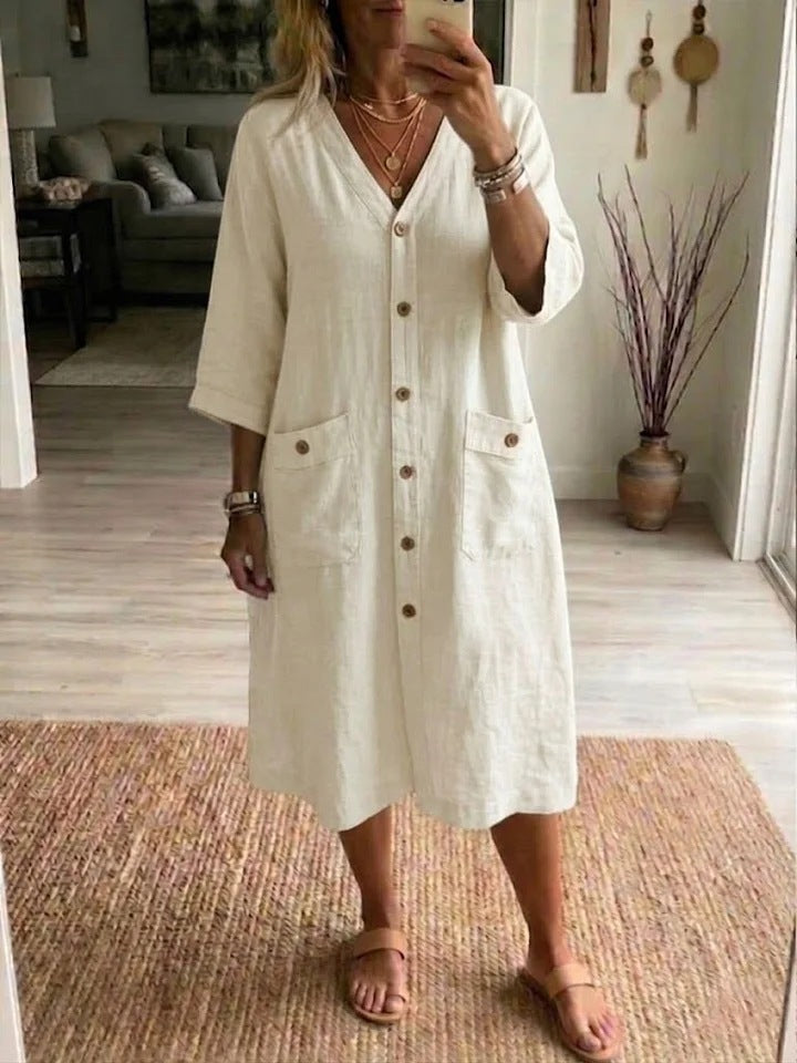 Robe Midi Femme Coton Lin Col en V Boutonnée Coupe Ample