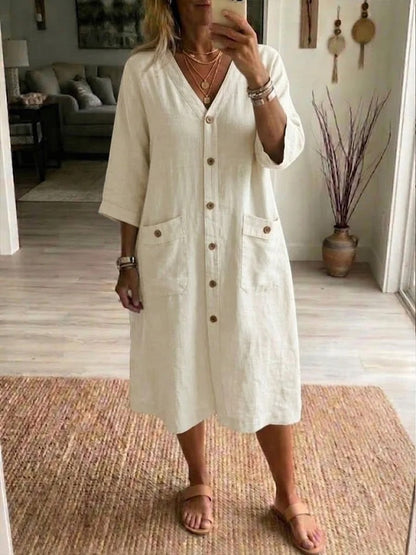 Robe Midi Femme Coton Lin Col en V Boutonnée Coupe Ample