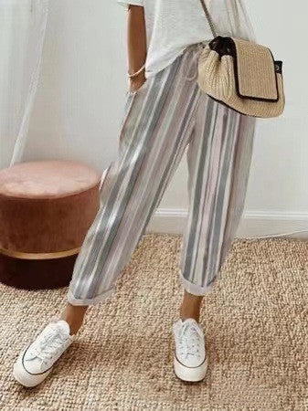 Pantalon femme rayé décontracté coton confortable