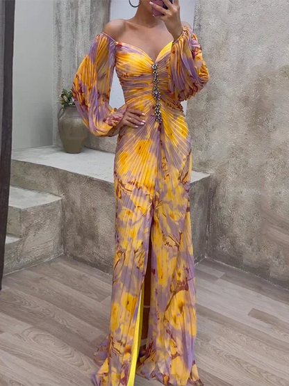 Robe Soirée Été Décolleté Off-Shoulder Imprimée Jaune Lilas - BerlinGlamour