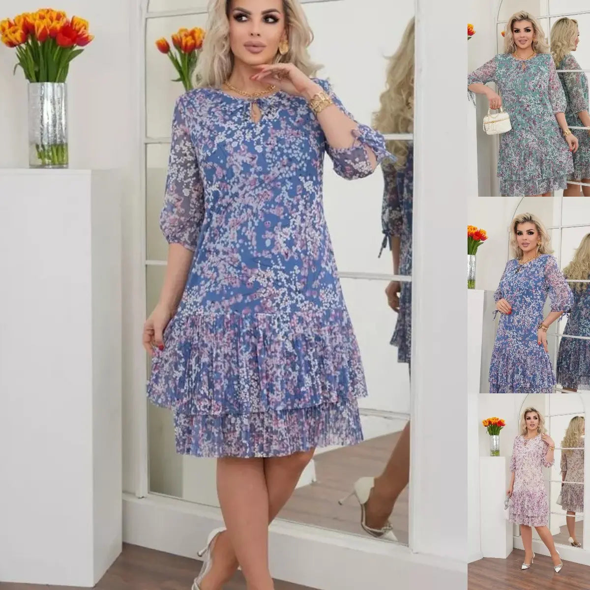 Robe Femme en Mousseline Volants Manches Courtes
