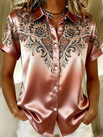 Blouse Femme Satinée Imprimé Floral Col Chemise Élégant