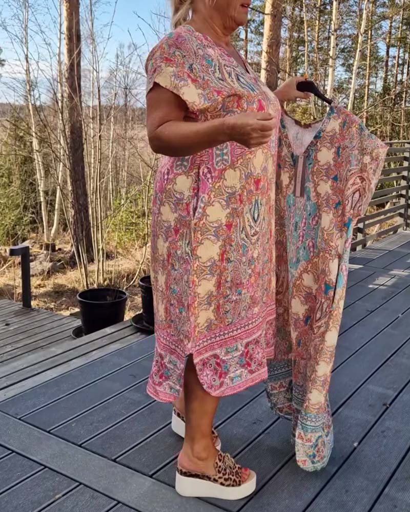Robe Midi Femme Imprimée Col en V Coupe Droite